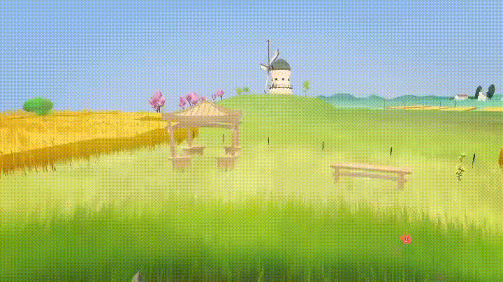 Gif showing off their upcoming adventure game made using Three.js. Very peaceful scene with a light wind blowing the grass and corn on the side. There is also a windmill in the back