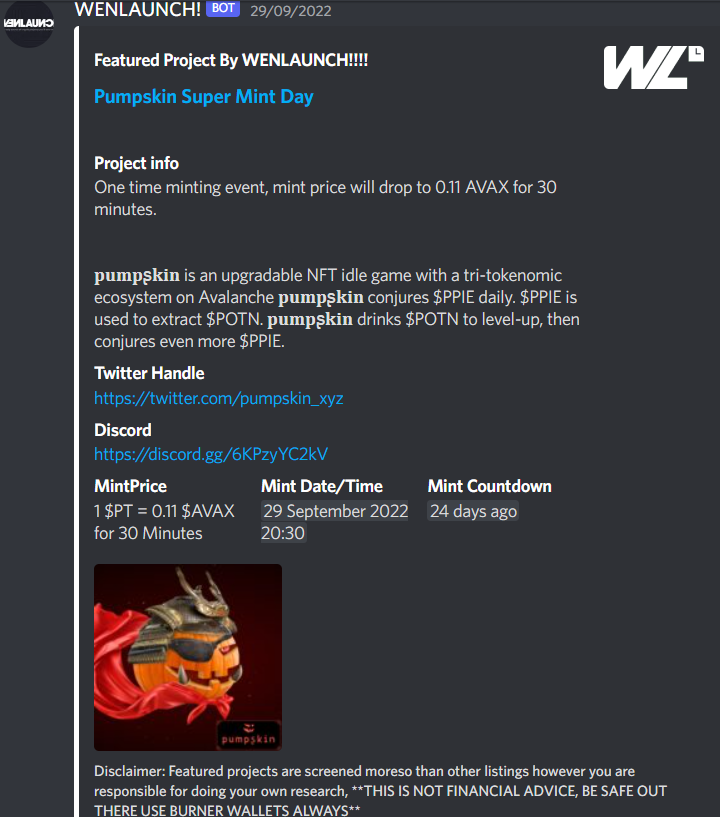 An embed message showing detailed information provided on the featured project banner of Wenlaunch bot