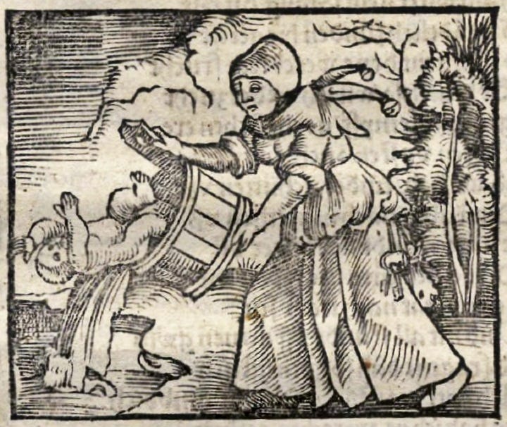 Medieval German illustration of a woman holding a wooden tub and throwing away the bathwater and the baby in it.