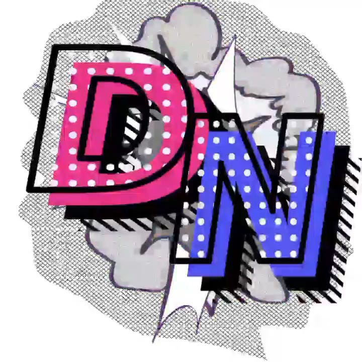 A pink sans serif ‘D’ and blue ’N’ layered on top  of black and white halftone comic book style explosion.
