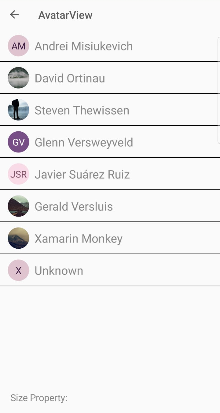 A list showing many Xamarin Team members, with their names and avatar