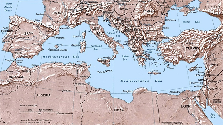 Old relief map of the Mediterranean Sea showing the countries bordering it.
