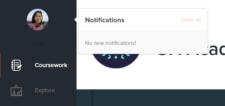 Screenshot of DesignLab — profile picture and notifications menu to the side