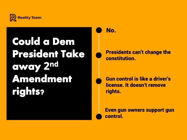 Could a Dem president take away Second Amendment rights? No. Presidents can’t change the constitution.