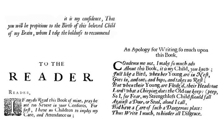 excerpts from various books in which Cavendish’s front matter uses the metaphor of books as children (or baby birds)