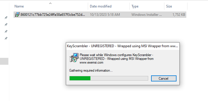 Screenshot of MSI installation progress dialog labeled KeyScrambler.