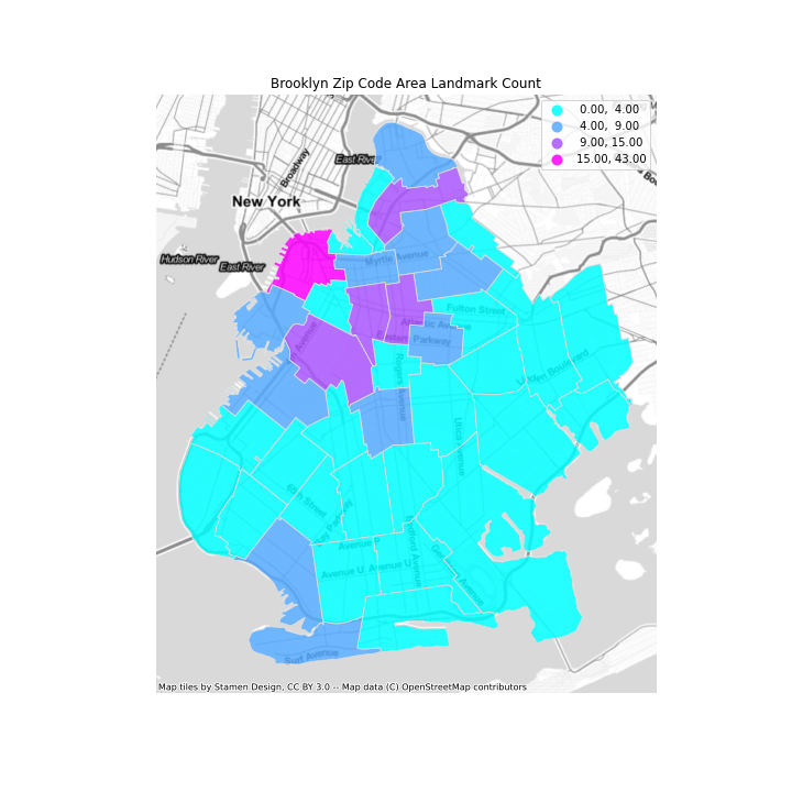 Map of Brooklyn area codes color coded with an cmap set called “cool”. It’s very 80s, ranging from lower values set to a bright turquoise to high values in bright magenta.
