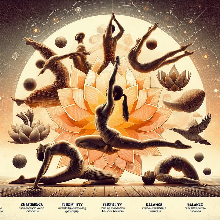 An image showcasing the physical benefits of yoga, highlighting strength, flexibility, and balance with dynamic postures like Chaturanga Dandasana and Virabhadrasana, flexibility-enhancing poses like Paschimottanasana, and balance-focused asanas like Vrikshasana, all integrated with mindful breathing and body awareness.