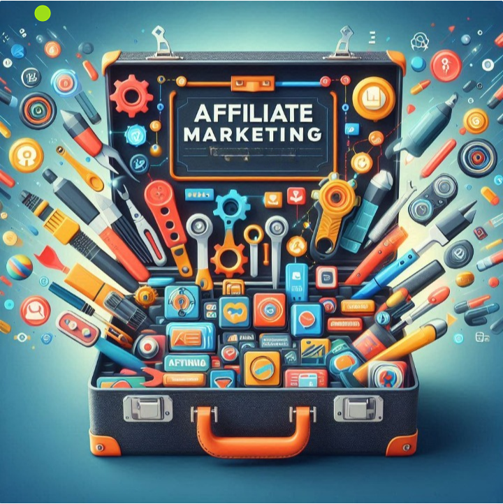 A toolkit opened to reveal various digital marketing tools and icons spilling out, with text overlay saying “Affiliate Marketing Toolkit”.