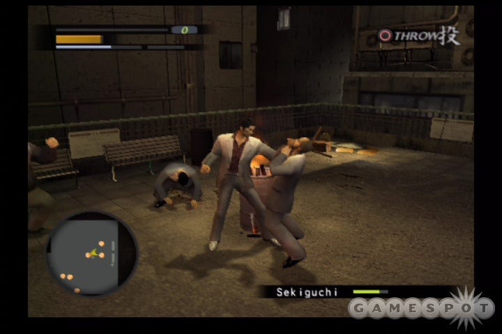 Screenshot from Yakuza, with main character Kazuma Kiyru grabbing an enemy by the neck surrounded by enemies in a public park.