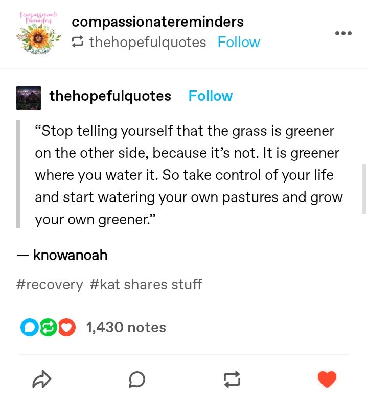 A quote taken from Tumblr @thehopefulquotes : “Stop telling yourself that the grass is greener on the other side, because it’s not. It is greener where you water it. So take control of your life and start watering your own pastures and grow your own greener.” — Knowanoah