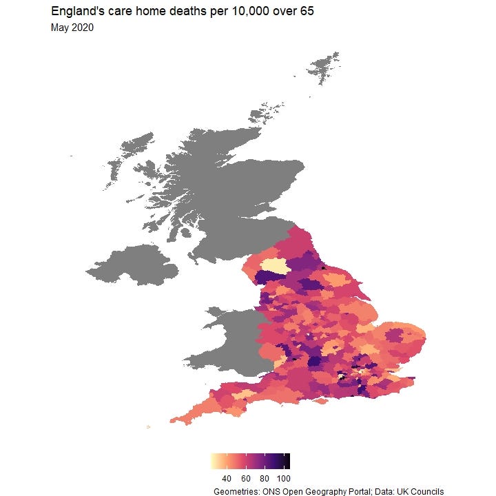 Choropleth map showing number of care home deaths in England per 10,000 over 65 in the week ending 9th May 2020.