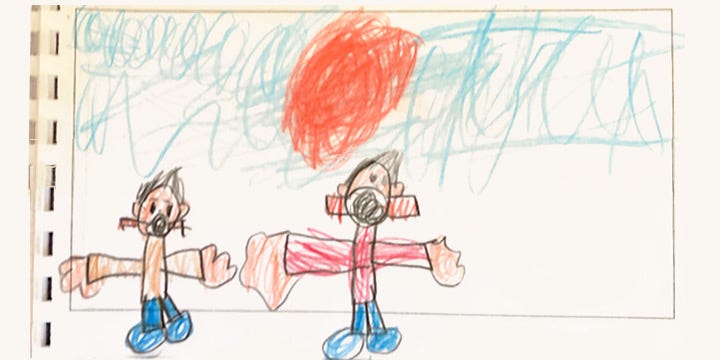 Kid’s crayon drawing of two people outside wearing masks.