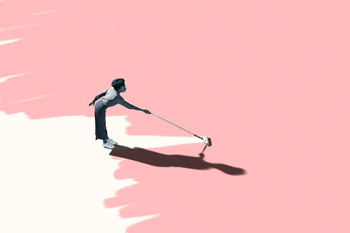 Illustration of a Black person rolling white paint onto an otherwise solid-pink floor, and casting a long, dark shadow.