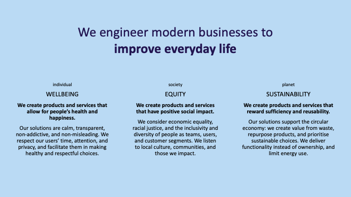 Three objectives underneath the purpose statement “We engineer modern businesses to improve everyday life”: individual wellbeing, society equity, and planet sustainability.