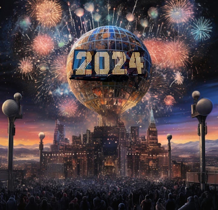 An AI Generated New Years Eve 2024 ball dropping over a reimagined Times Square.