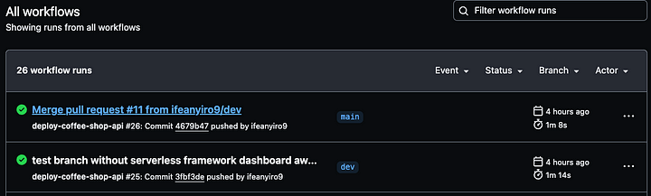 Pipeline run logs for the different branch environments (main, dev)