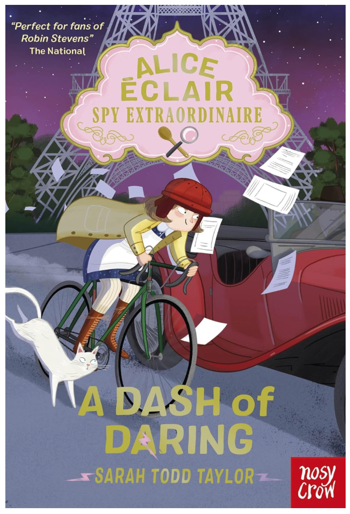 Large book cover image. With the Eiffel Tower as a backdrop, Alice, in her trademark baker’s outfit and cycling helmet, dashes through the Paris streets on a bicycle. Casper is dashing by her side. Alongside is a red, open-top sports car, and pieces of paper, documents maybe, fly through the air around them.