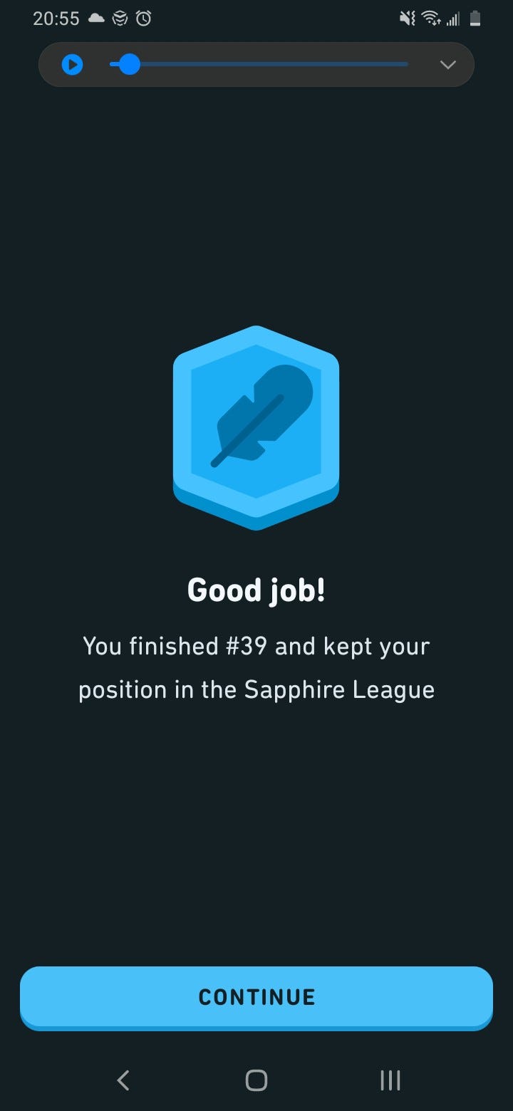 Screenshot of a success message: “Good job! You finished #39 and kept your position in the Sapphire league”
