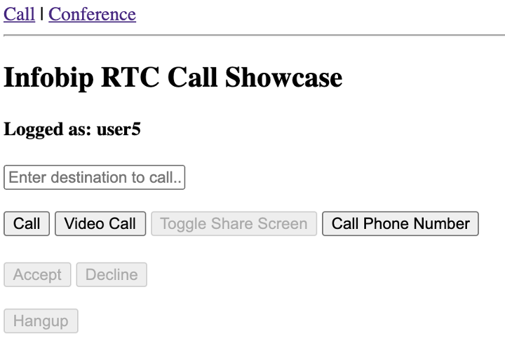 Basic user interface of Infobip RTC Showcase application with some text, an input box, and 7 buttons
