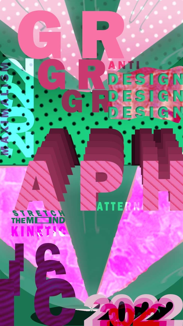 Design piece depicting the current design trends of 2022: Kinetic typography, anti-design, maximalism, 3D and 2D elements.