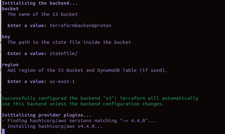 A command line interface with results and prompts after terraform init command