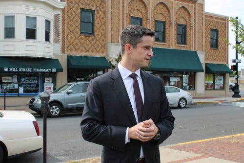 Kevin Strouse at a press conference in October in front of his campaign office in Bristol. 