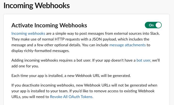 Activating incoming webhook on Slack