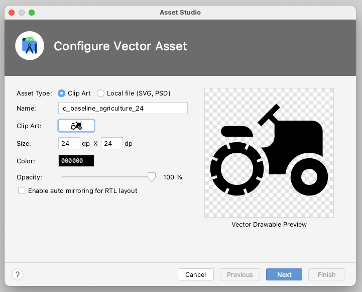 Configure Vector Asset dialog with selected icon.