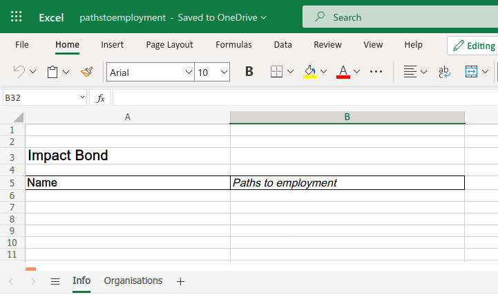 Spreadsheet with the blank cells filled in with example data about an impact bond