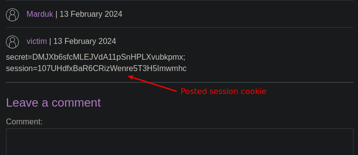 Victim posted session cookie as a comment post