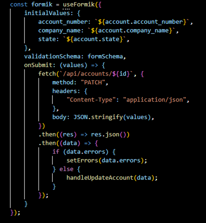 Simplified Formik code block that includes three basic fields.