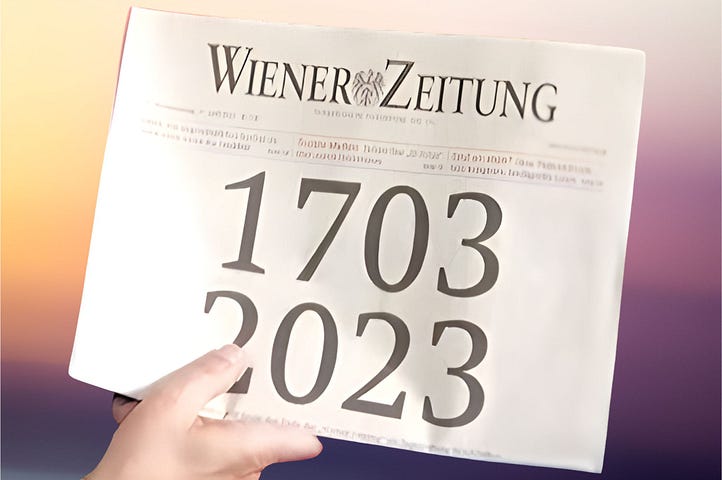 The cover page from the world’s oldest newspaper, Wiener Zeitung, showing the dates 1703–2023.