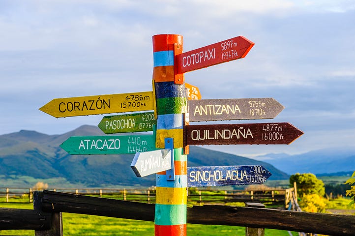 a colorful signpost with many arrows pointing to different directions