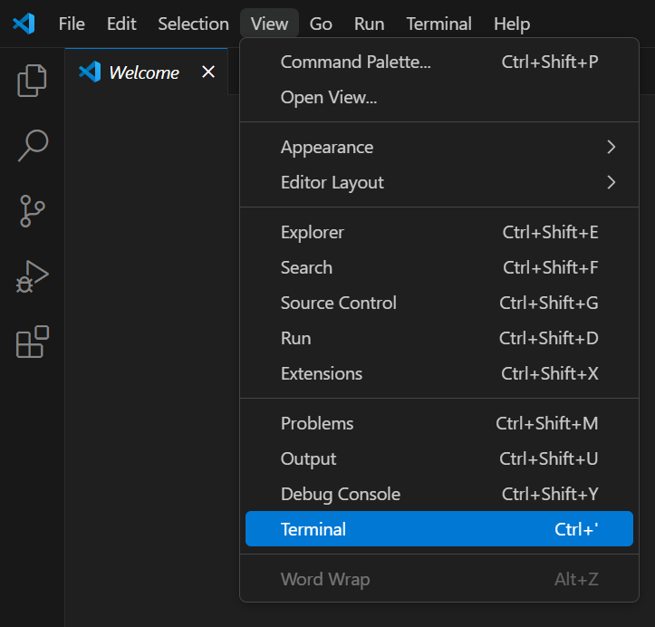 Visual Studio Code Window With the View Menu Open and Terminal Selected