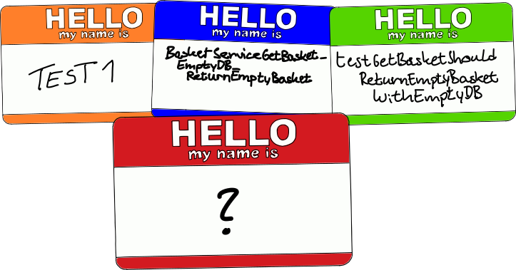 Three name tags with the test naming schemes discussed in this article.