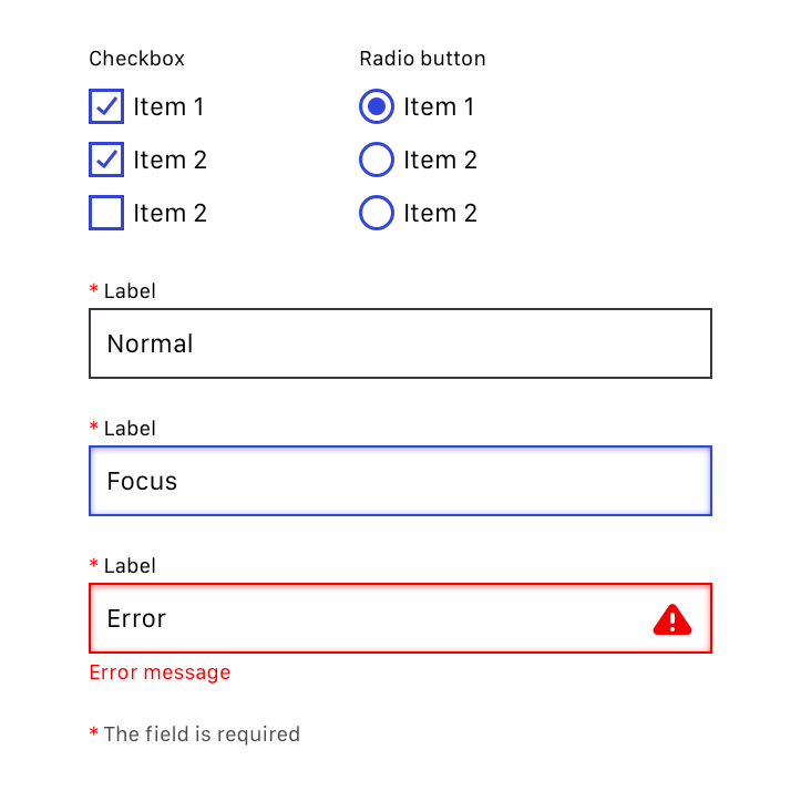 visual representation of input fields (normal, focus, error states), radio buttons and checkboxes