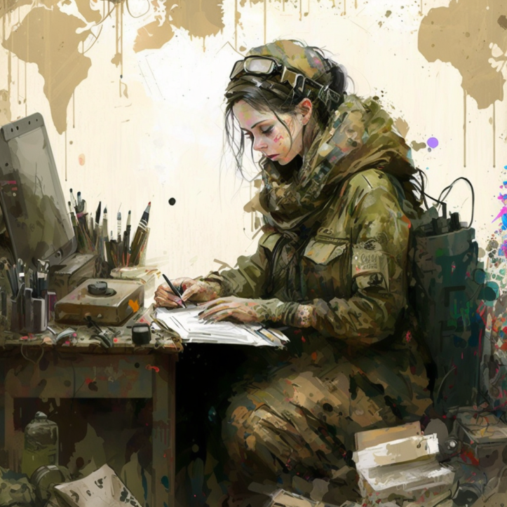 A woman dressed in military fatigues and covered in paint spatter is writing a letter from a bunker. She sits in front of an iMac computer and is surrounded by chaotic tech and art debris.