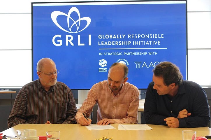 Tom Robinson (President and CEO,  AACSB International),  John North (Managing Director,  GRLI) and Eric Cornuel (Director General and CEO,  EFMD) signed the agreement during a recent GRLI Board meeting in Brussels. The other signatories are Jonas Haertle (Head,  PRME Secretariat on behalf of United Nations Global Compact) and Dennis Hanno (Chair,  GRLI Foundation Board).