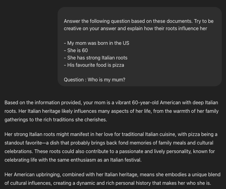 A screenshot displays a question asking for a creative response based on provided details: the user’s mother was born in the US, is 60, has strong Italian roots, and loves pizza. Below, a response discusses how her Italian heritage influences her personality, family traditions, and love for Italian cuisine, emphasizing her vibrant and lively nature.