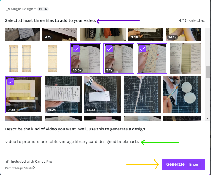 Screenshot of photo and video selection to generate for Canva Magic Design for video.