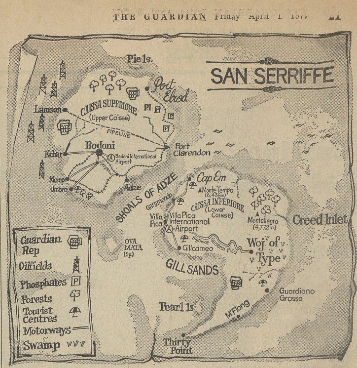 Map of San Serriffe showing two islands named ‘Upper Caisse’ and ‘Lower Caisse’ arranged into a semi-colon shape. Courtesy of Guardian News & Media