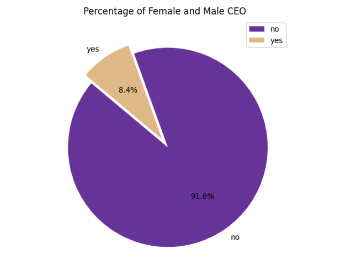 A pie chart of Percentage of Female(8.4%) and Male(91.6%) CEO