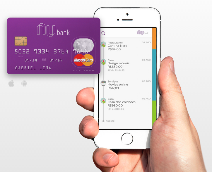 Picture of a nubank credit card and phone showing a nubank digital bank account