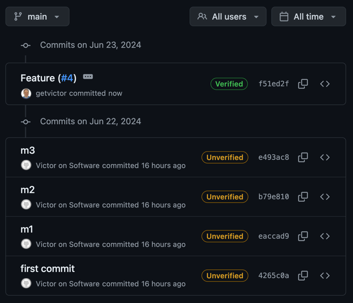 GitHub view of commit history of main branch, showing one Feature commit and the rest of commits that were previously present on main branch