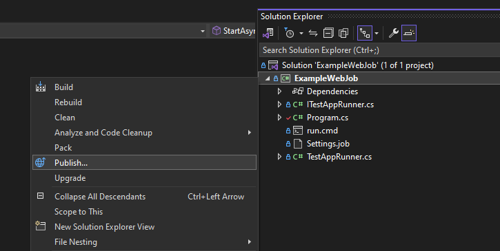 A screenshot of the Visual Studio Solution Explorer, highlighting the “Publish” property in the context menu of our .csproj file