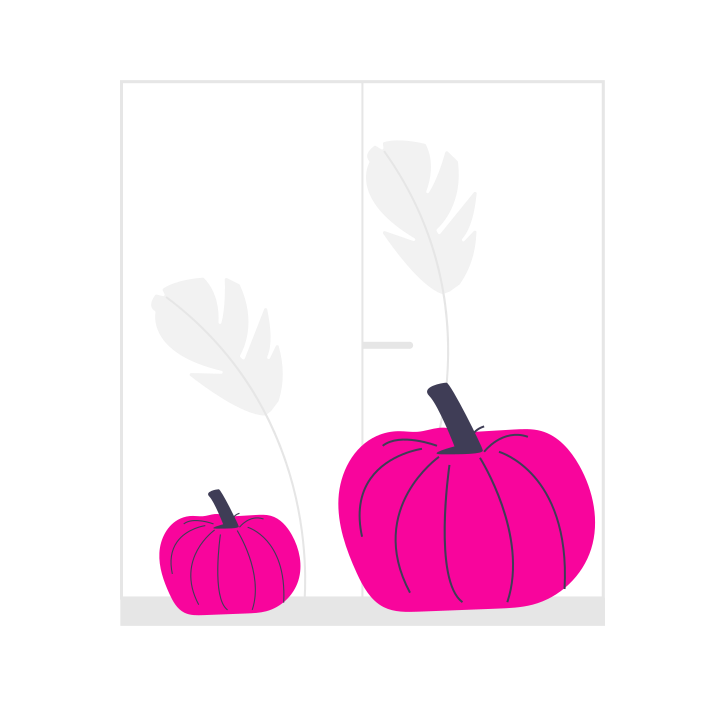 Two pink pumpkins sit outside a door. Pink is to signify breast cancer awareness month.