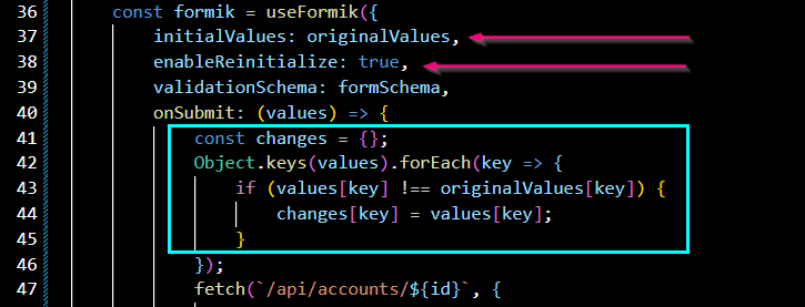 code block highlighting updates made to our Formik form properties