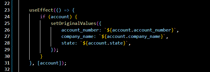 code block showing `useEffect` to set the initial values