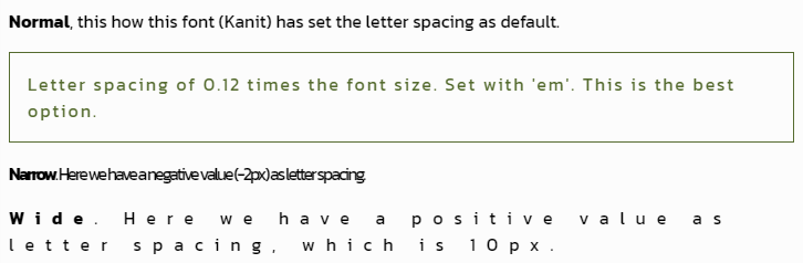 This is a screenshot of different text set with different values of letter spacing.